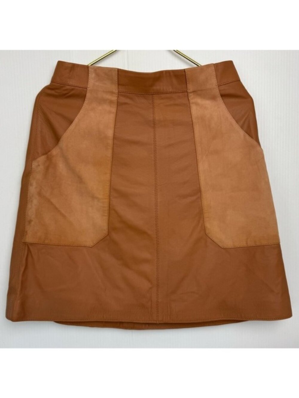 H&M 100% Leather and Suede trim mini Skirt W pockets Side Zip camel color 10